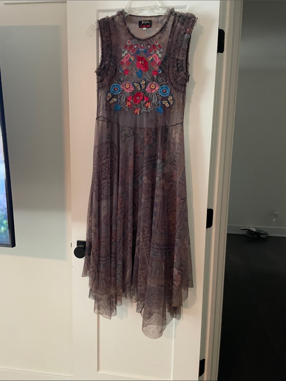 Johnny Was Purple Sheer Sleeveless Dress with Bright Floral Embroidery